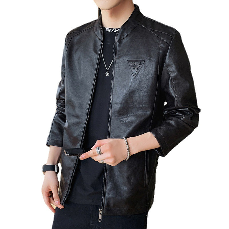 Men's Slim-Fit Faux Leather Moto Jacket with Stand Collar, Zipper Sleeves, and Minimalist Logo Application Chichicherry