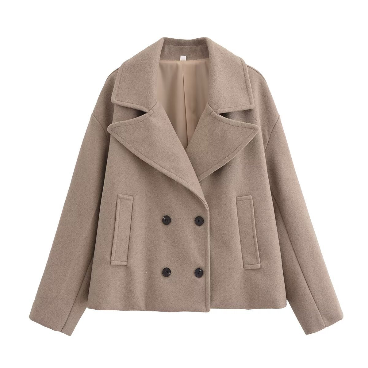 Women short cut wool blend peacoat with wide lapels and side pockets Chichicherry