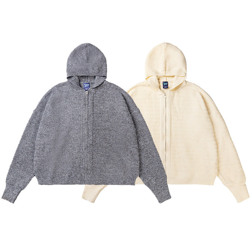 Unisex Knit Hooded Jacket with Textured Pattern and Full Zip Chichicherry
