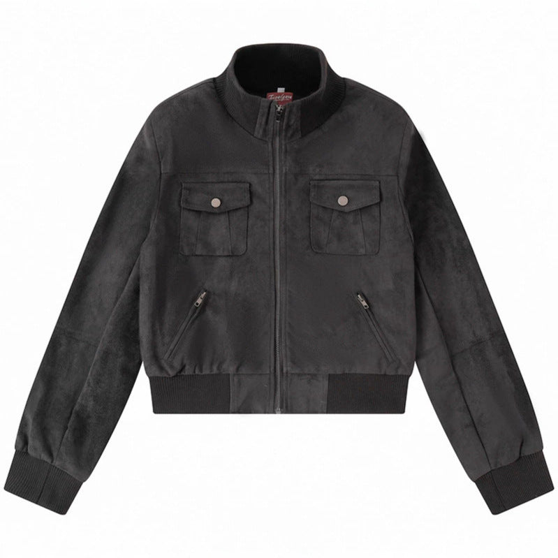 Women's Short-Cut Bomber Jacket Made of Velour Imitation with Chest Pockets and Zipper Pockets Chichicherry