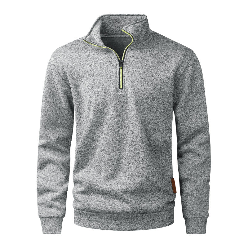 Men's Half Zip Fleece Pullover with Stand-up Collar, Melange Structure & Elastic Cuffs Chichicherry