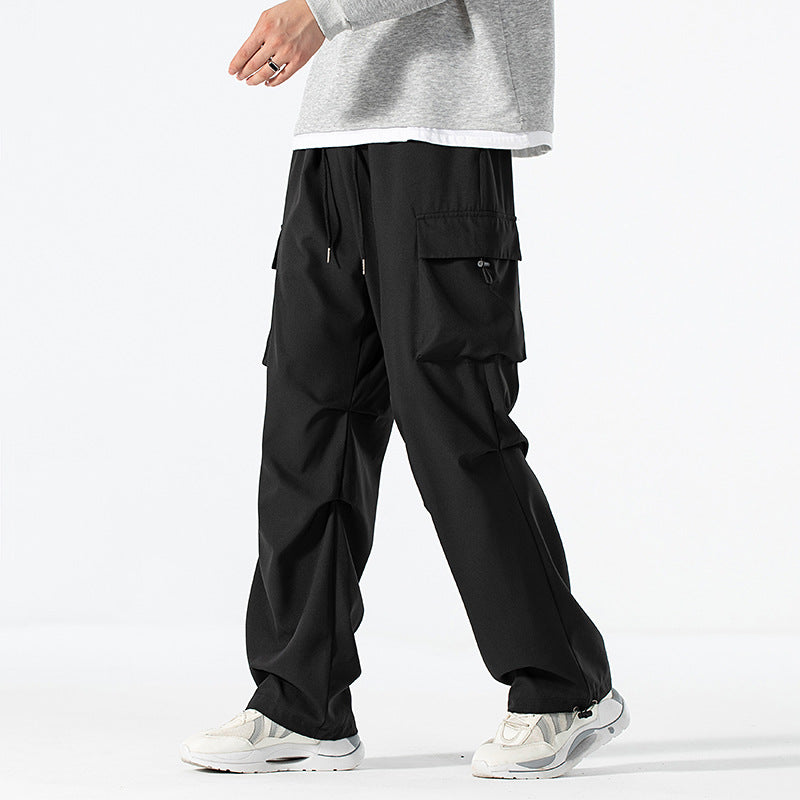 Men's Loose-Fitting Cargo Utility Pants with Drawstring Waist and Multiple Pockets Chichicherry