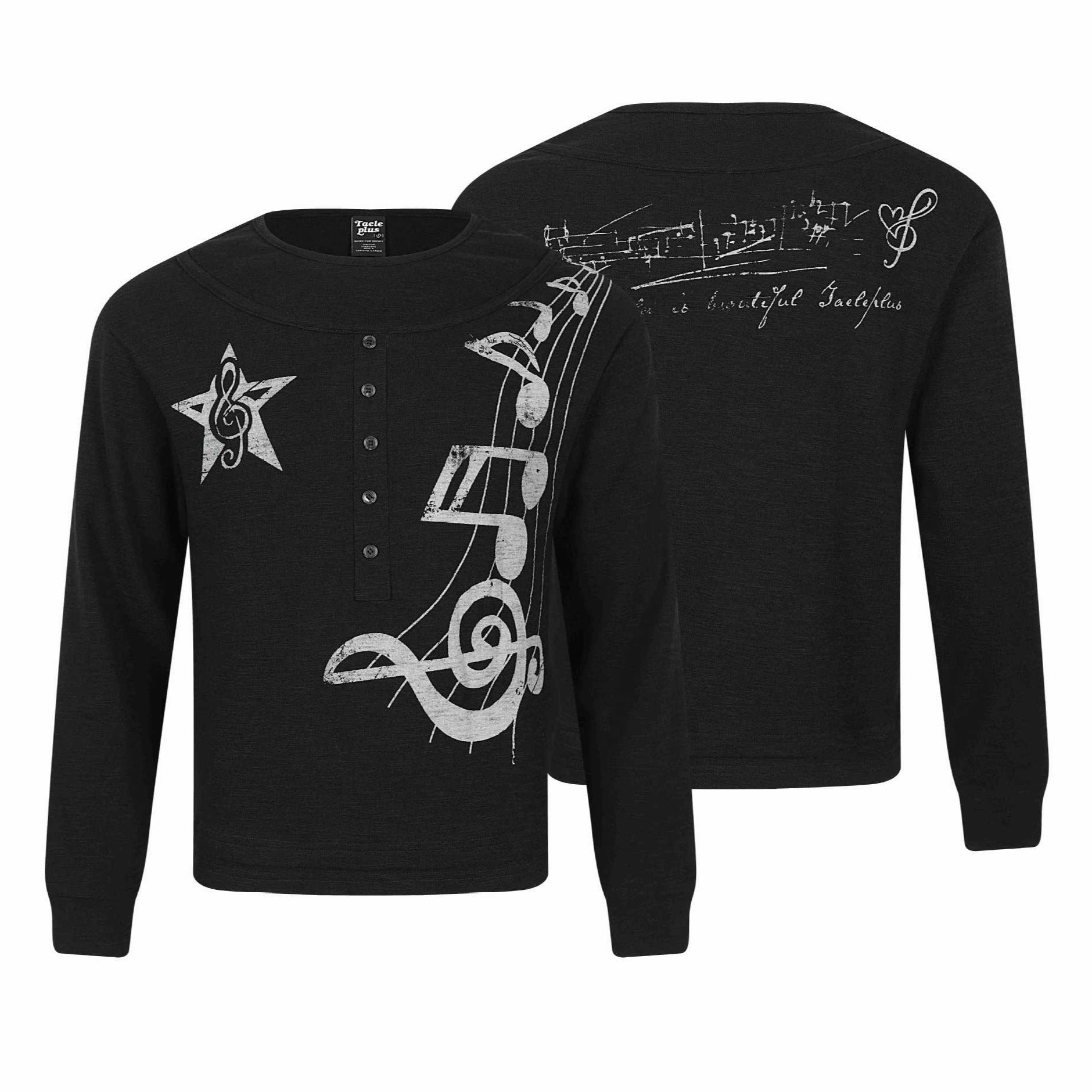 Women's long sleeve shirt in Henley style with musical print and round neckline Chichicherry