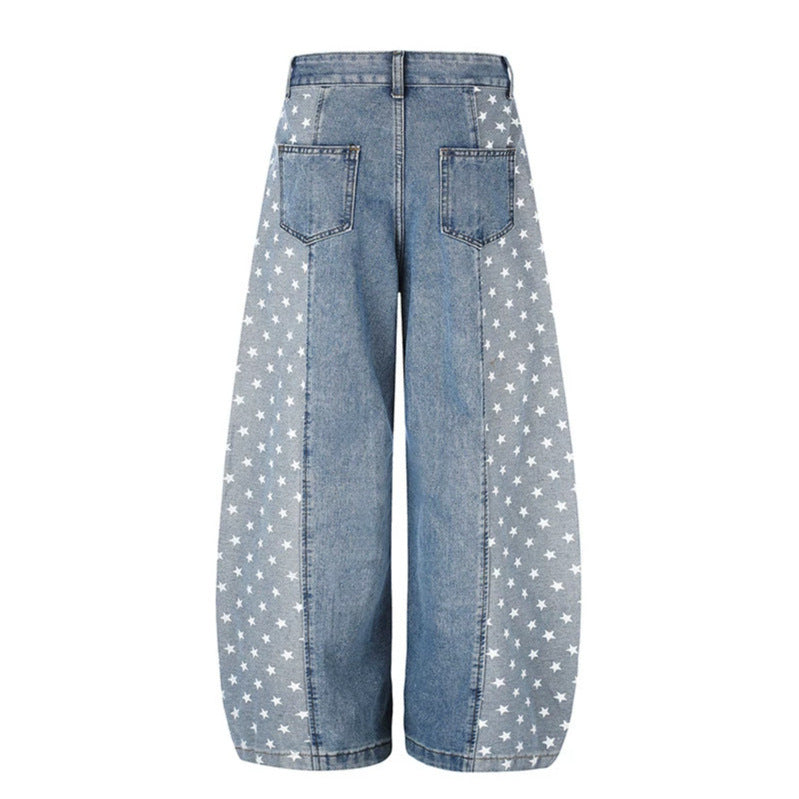 Women's Wide Denim Palazzo Pants with Contrast Sides, Star Print and Patch Pockets Chichicherry