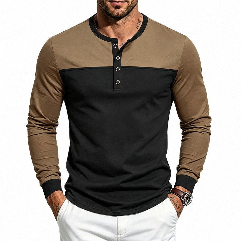 Men's Slim-Fit Long Sleeve Henley Shirt with Contrast Piping and Button Placket Chichicherry