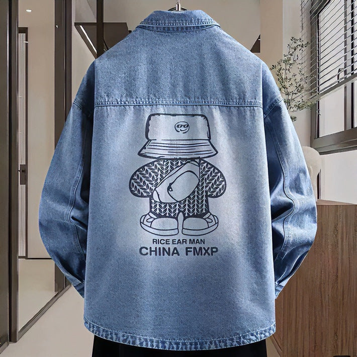 Herren Oversized Denim-Hemdjacke im Relaxed-Worker-Style mit Brusttasche und Druckknöpfen Chichicherry
