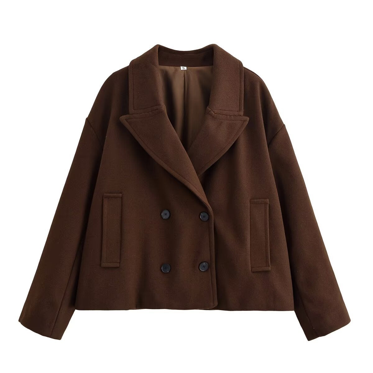 Women short cut wool blend peacoat with wide lapels and side pockets Chichicherry