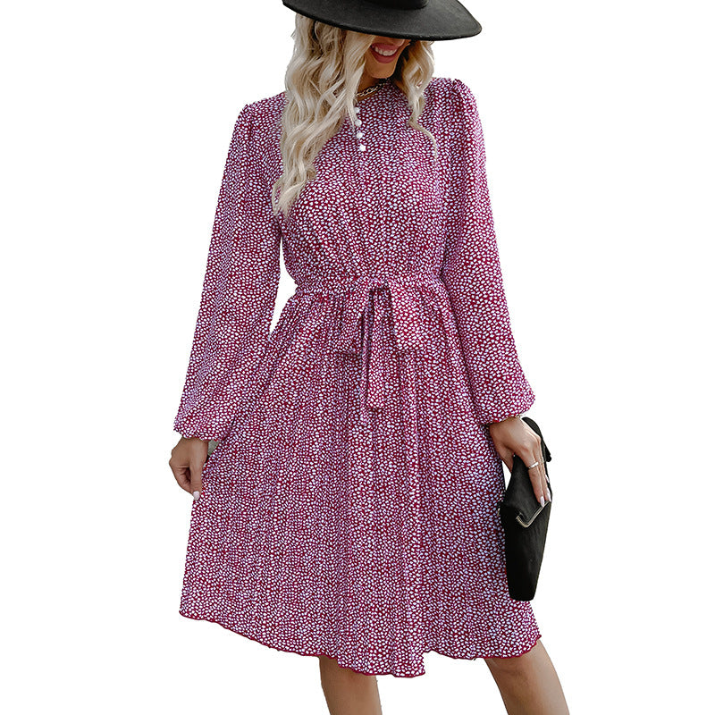 Women's midi dress with stand-up collar, waist belt, and long sleeves Chichicherry