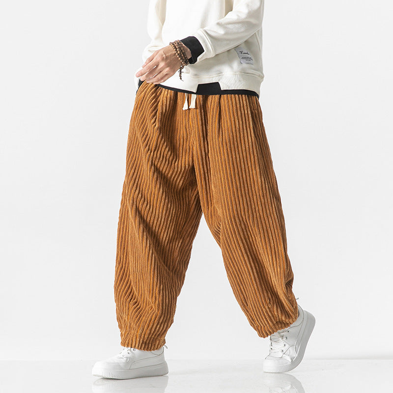 Men's Loose-Fit Corduroy Balloon Pants with Drawstring and Wide Rib Relief Chichicherry