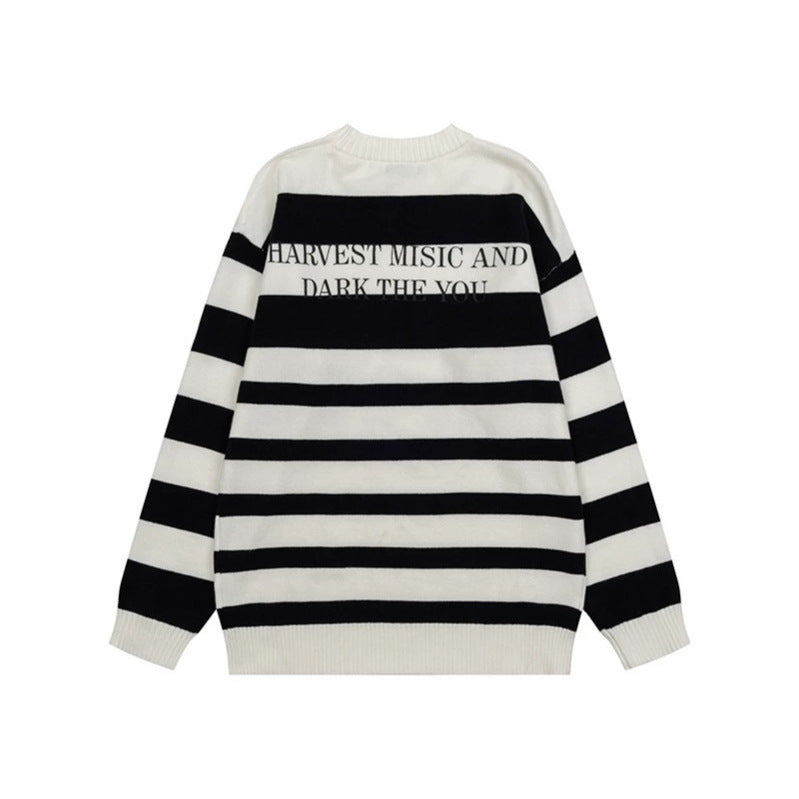 Women Striped Oversized Knit Sweater with Round Neck and Music Graphic Chichicherry