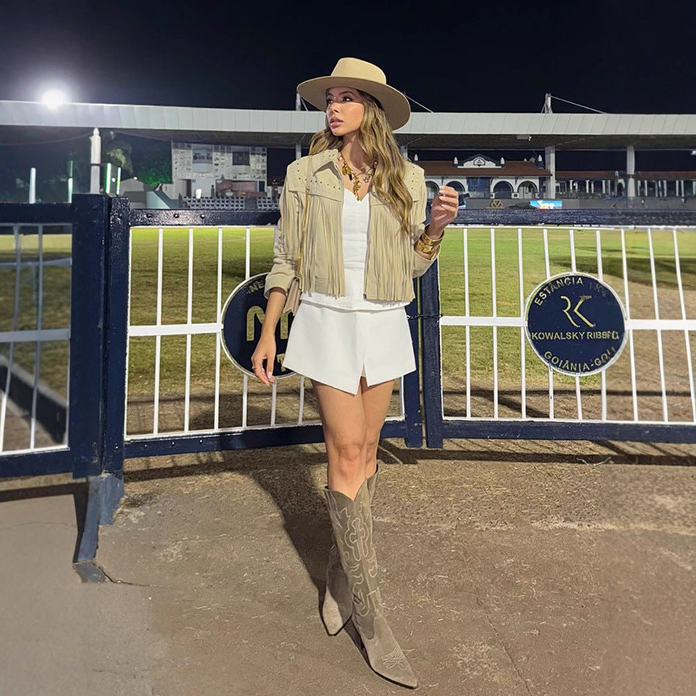 Women's Cropped Suede-Style Fringe Jacket with Stud Application Chichicherry