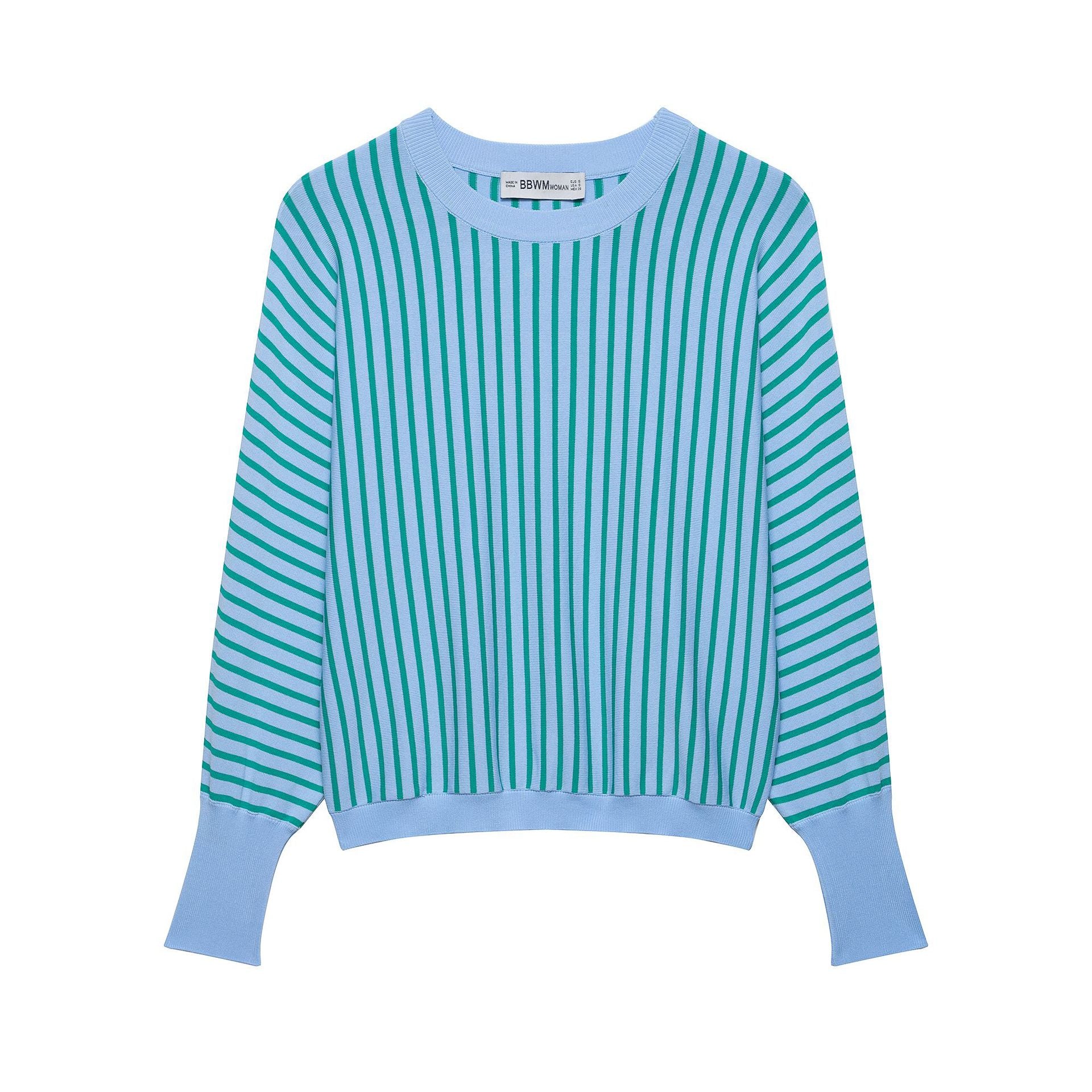 Women's Short-Cut Striped Fine Knit Sweater with Extended Ribbed Sleeves Chichicherry
