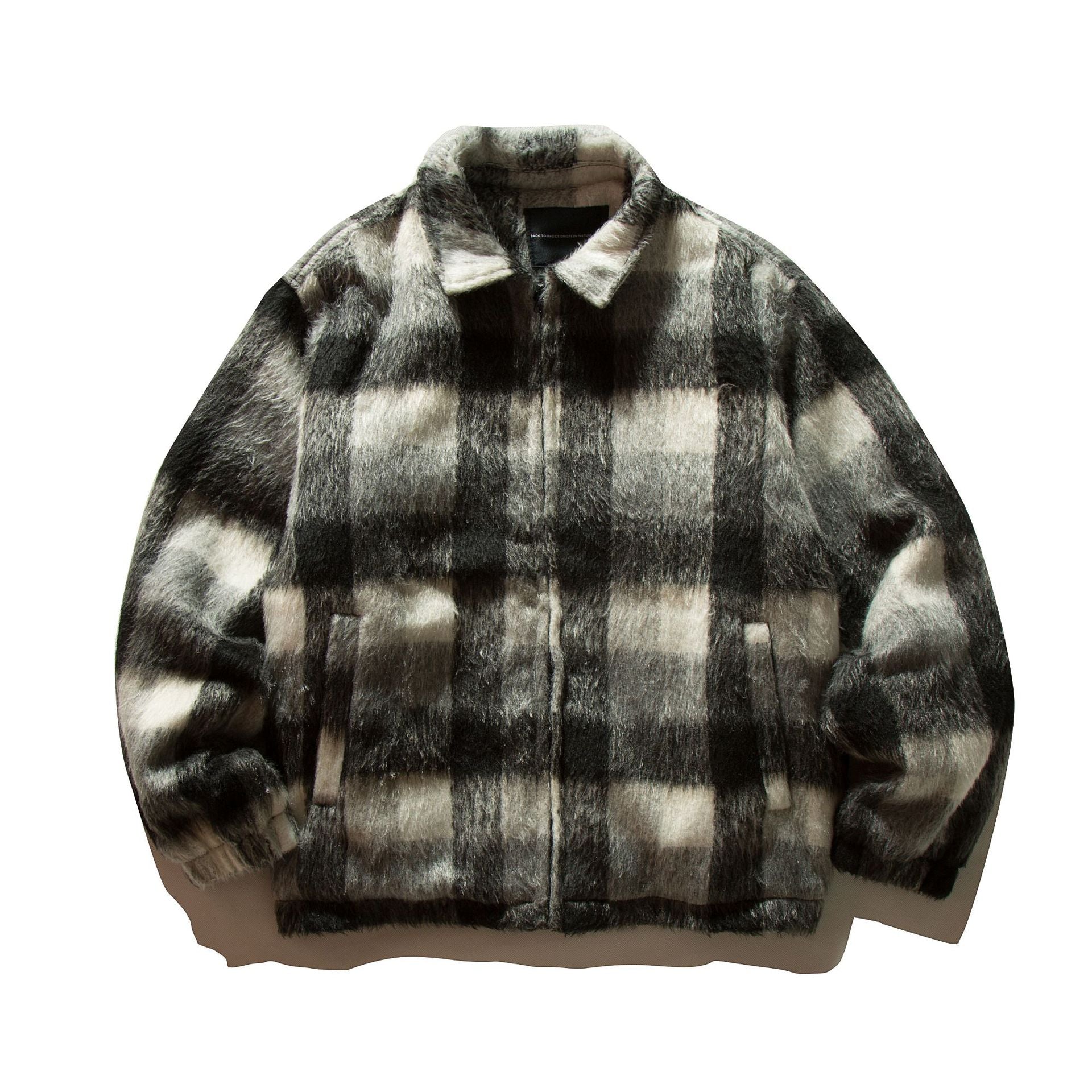 Unisex Short-cut checkered faux fur bomber jacket with stand-up collar and concealed zipper Chichicherry