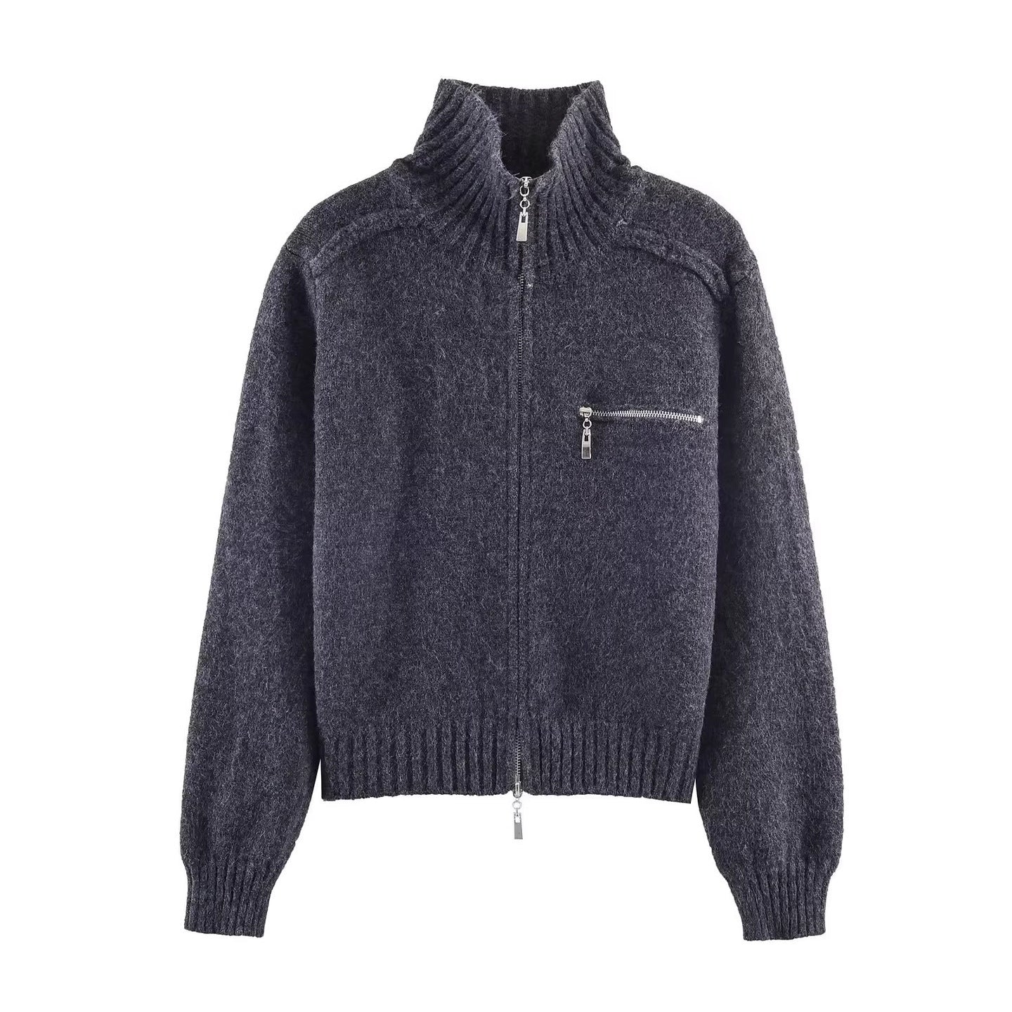 Women's Chunky Knit Zip-Up Cardigan with High Ribbed Collar and Chest Pocket Chichicherry