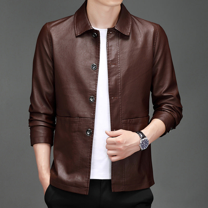 Men's Minimalist Faux Leather Overlay Shirt with Shirt Collar and Patch Pockets Chichicherry
