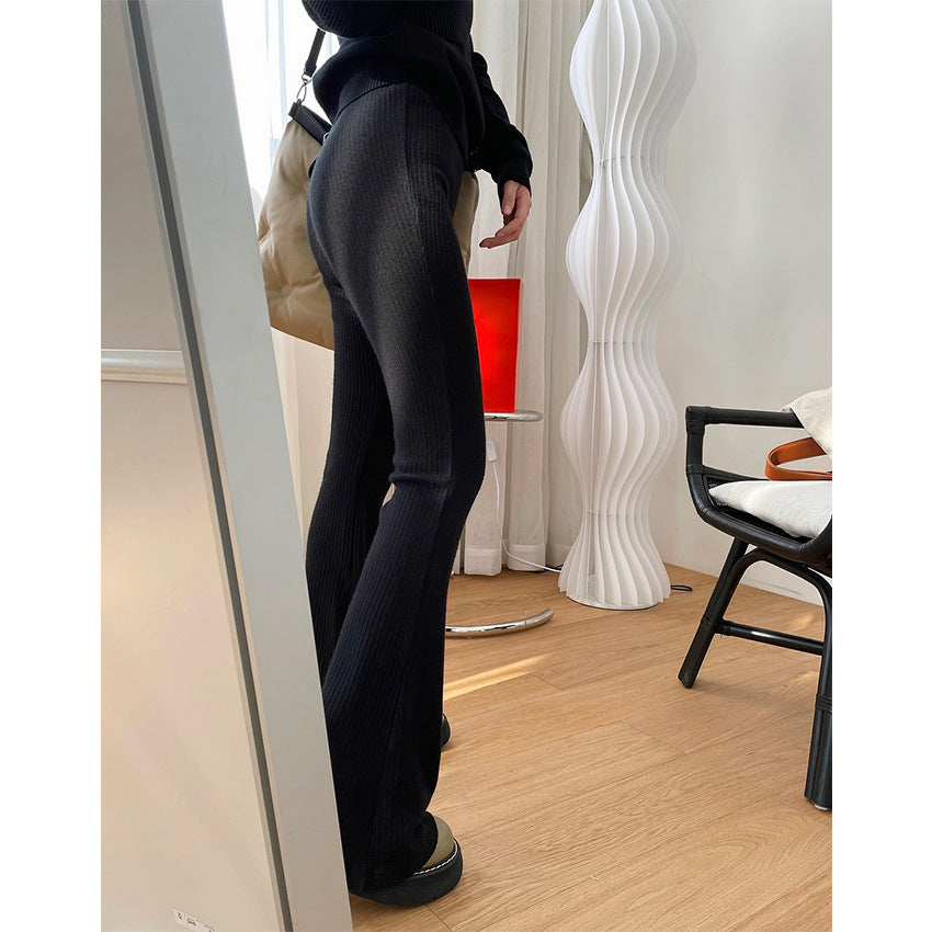 Women Ribbed High-Waist Flared Knit Pants made of soft wool blend Chichicherry
