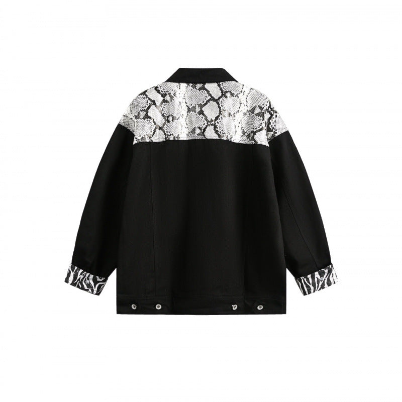 Women's Oversized Denim Jacket in Patchwork Animal Print with Notch Collar and Flap Pockets Chichicherry
