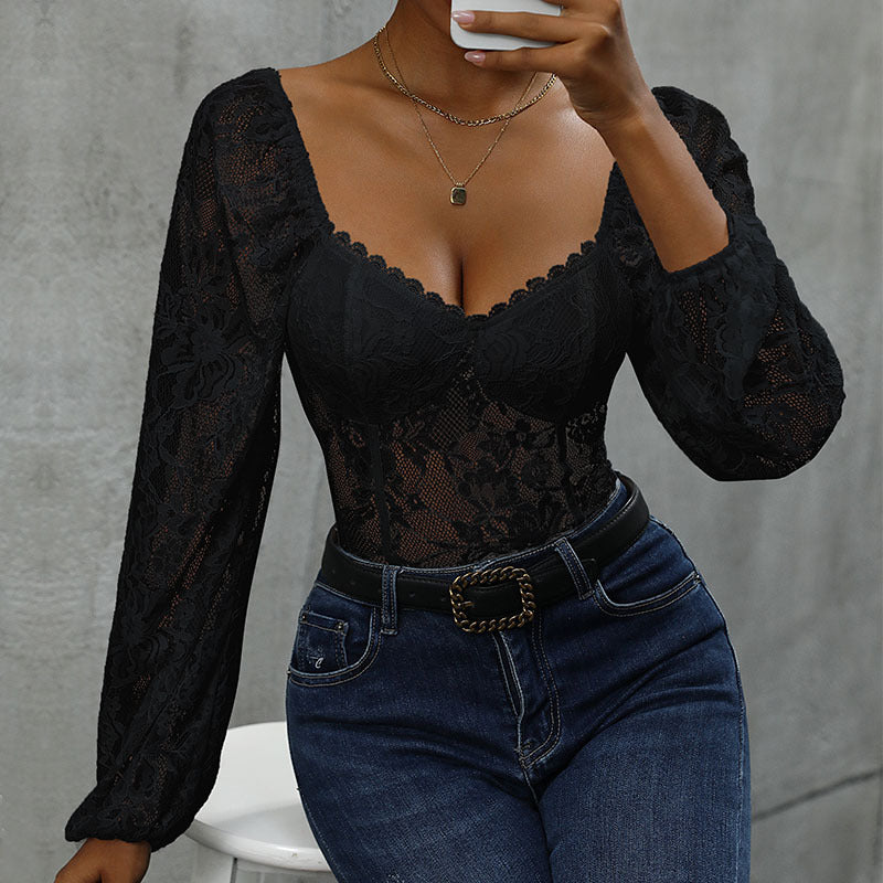 Ladies Lace Corset with Heart Cutout, Integrated Cups and Transparent Puff Sleeves Chichicherry