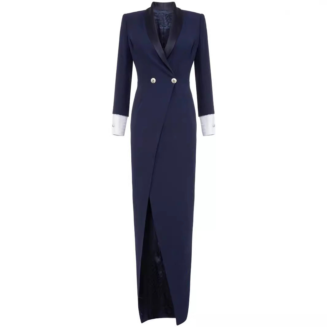 Women's Slim Smoking Blazer Dress in Maxi Length with Satin Lapels and Wrap Look Chichicherry
