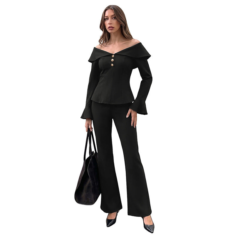 Women's Elegant Off-Shoulder Two-Piece Set with Fitted Corset Top & Flared Palazzo Pants Chichicherry