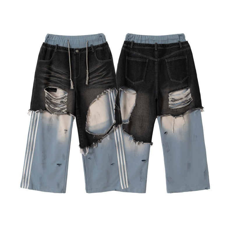 Unisex Patchwork Jeans Hybrid Pants in Oversized Cut with elastic waistband, destroy effects, and wide leg Chichicherry