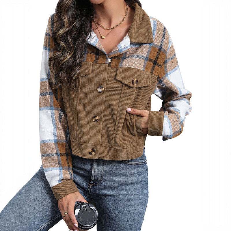 Ladies Short Jacket Cord and Check Mix with Buttons & Breast Pockets Chichicherry