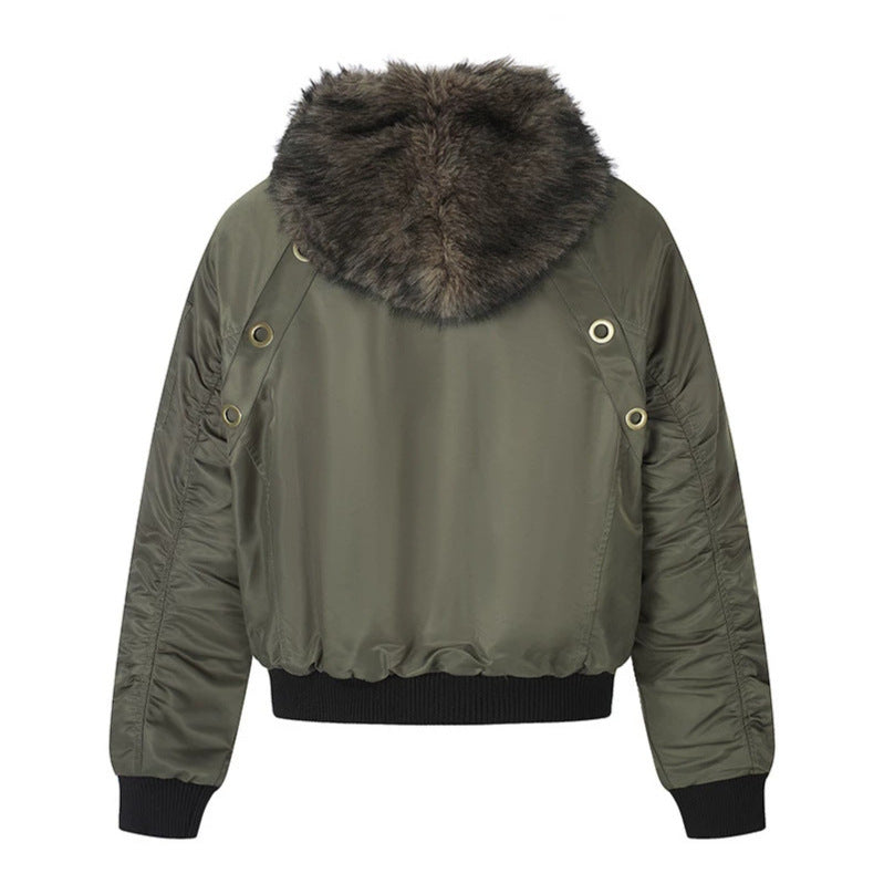 Women's short-cut bomber jacket with faux fur hood and eyelet application Chichicherry