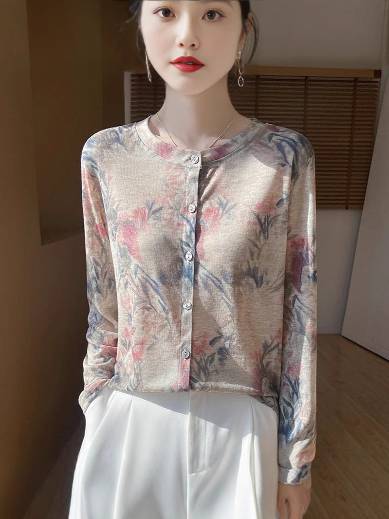 Women's Lightweight Watercolor Print Fine Knit Cardigan with Round Neckline and Button Placket Chichicherry