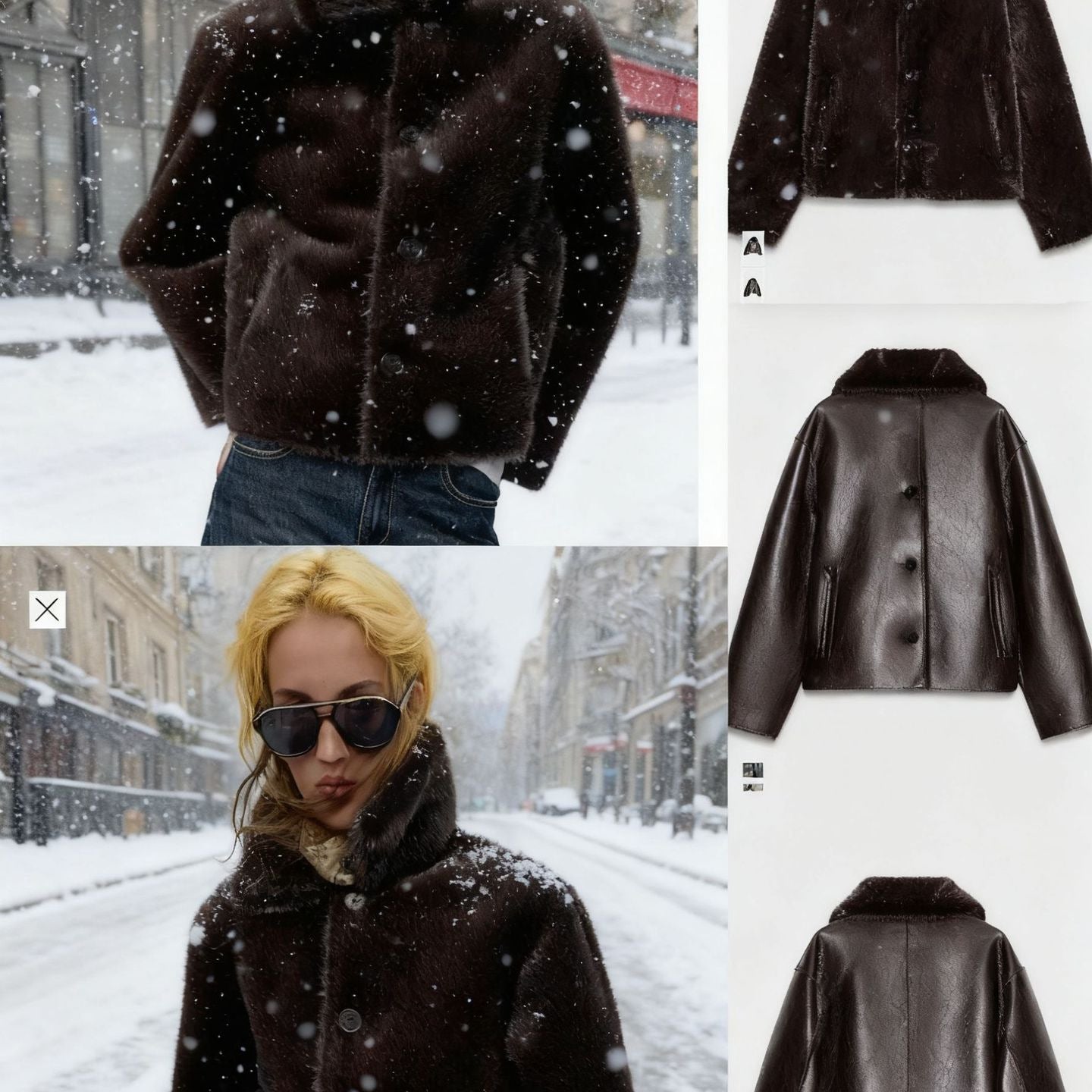 Women Boxy Faux Leather Jacket with Faux Fur Collar, Lambswool Imitation Lining and Button Closure Chichicherry