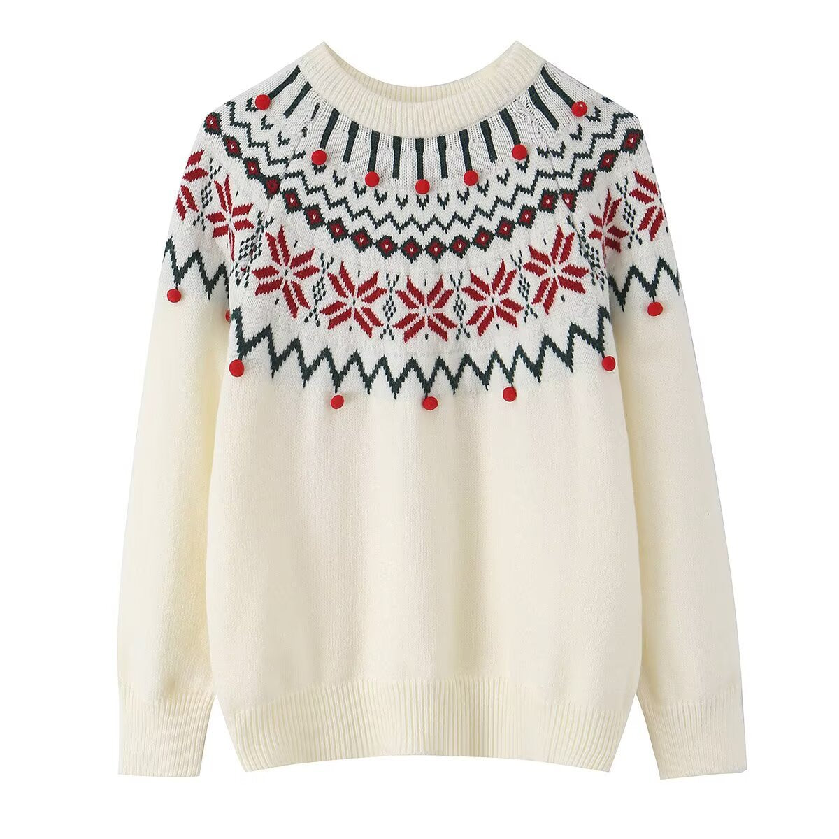 Women's knit sweater with Norwegian border and attached decorative pompons Chichicherry