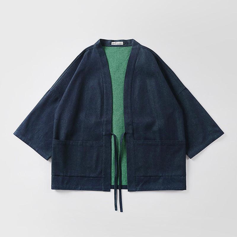 Unisex loose-fitting kimono jacket made of cotton denim with tie and large patch pockets Chichicherry