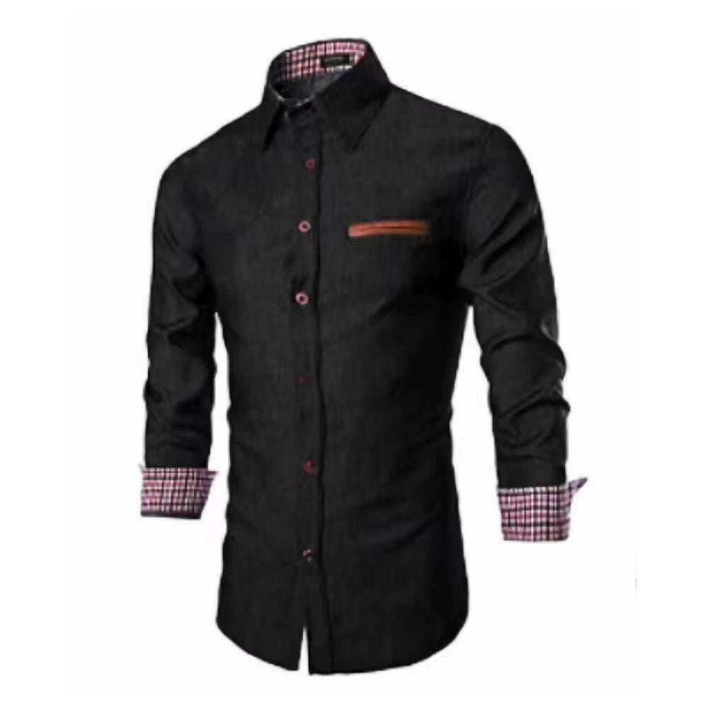 Men's Slim-Fit Stretch Denim Shirt with Check Collar and Decorative Chest Strip Chichicherry