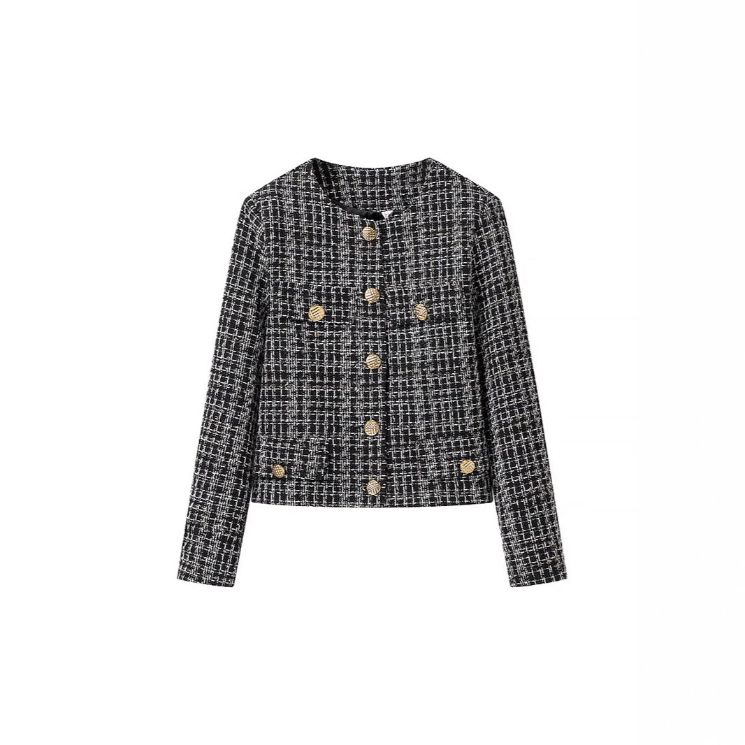 Women Boucle Tweed Jacket with Decorative Buttons and Boxy Cropped Silhouette Chichicherry
