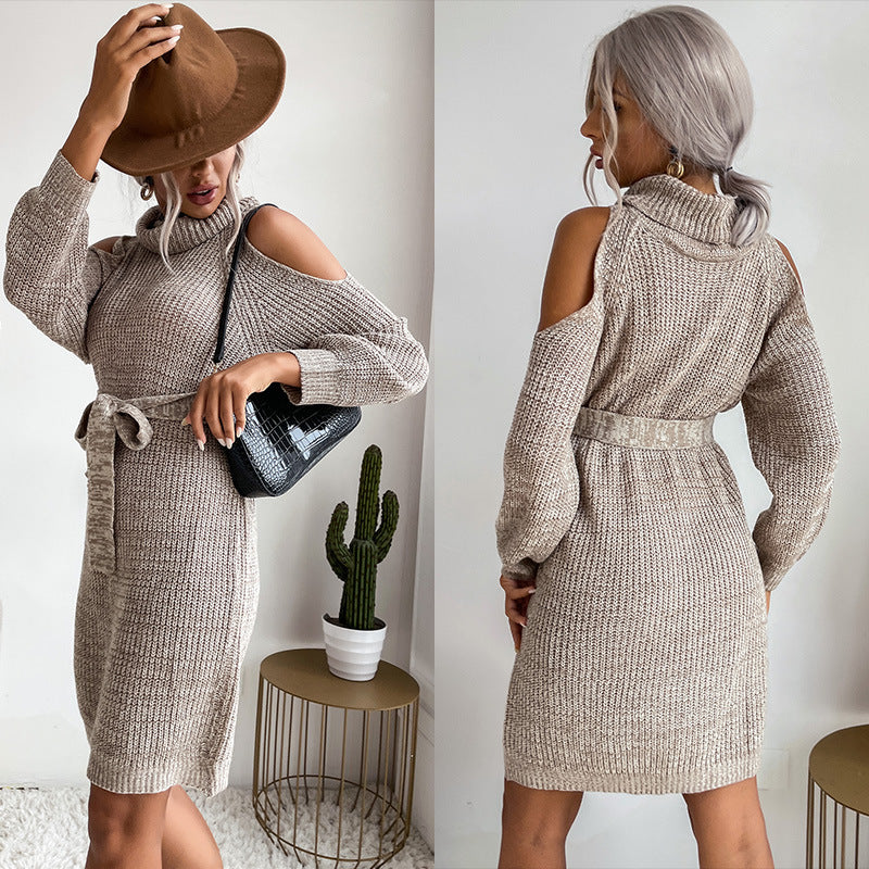 Women's knitted tunic dress with roll neck, cut-out shoulders, and tie belt Chichicherry