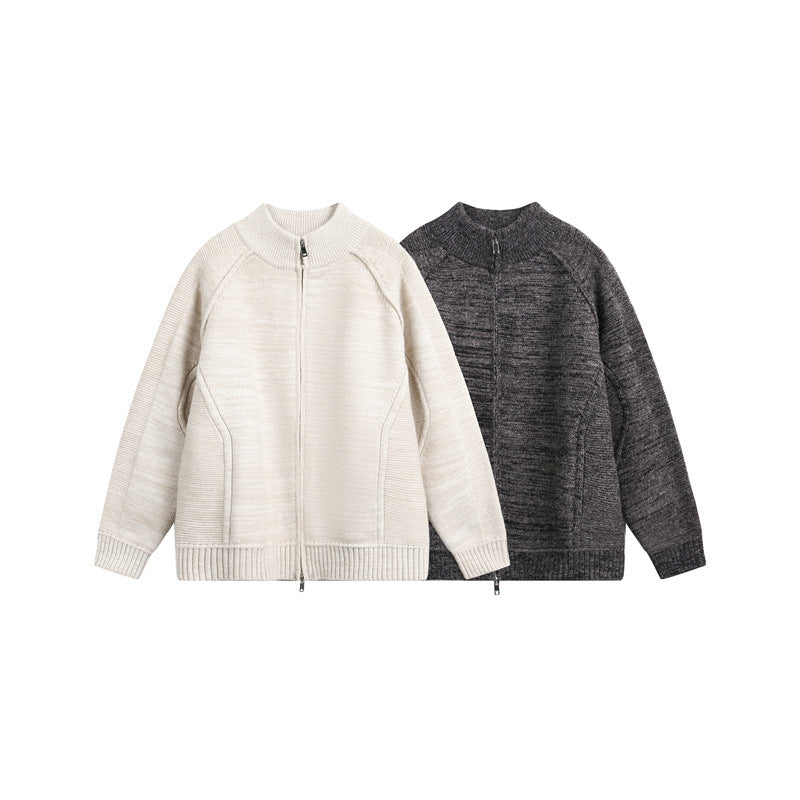 Unisex Thick Knit Zip Jacket with High Stand-Up Collar and Two-Way Zipper Chichicherry
