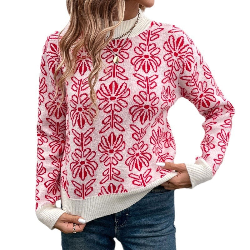 Women Knitted Jacquard Sweater with Floral Pattern and Ribbed Cuffs Chichicherry