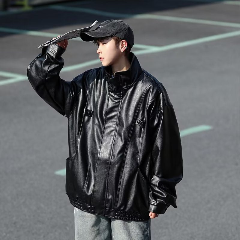 Herren Oversized Kunstlederjacke im Bomberstil mit Stehkragen und elastischem Saum Chichicherry