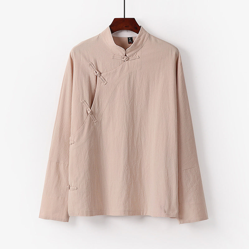 Men's Loose Stand Collar Top with Toggle Buttons and Side Button Placket Chichicherry