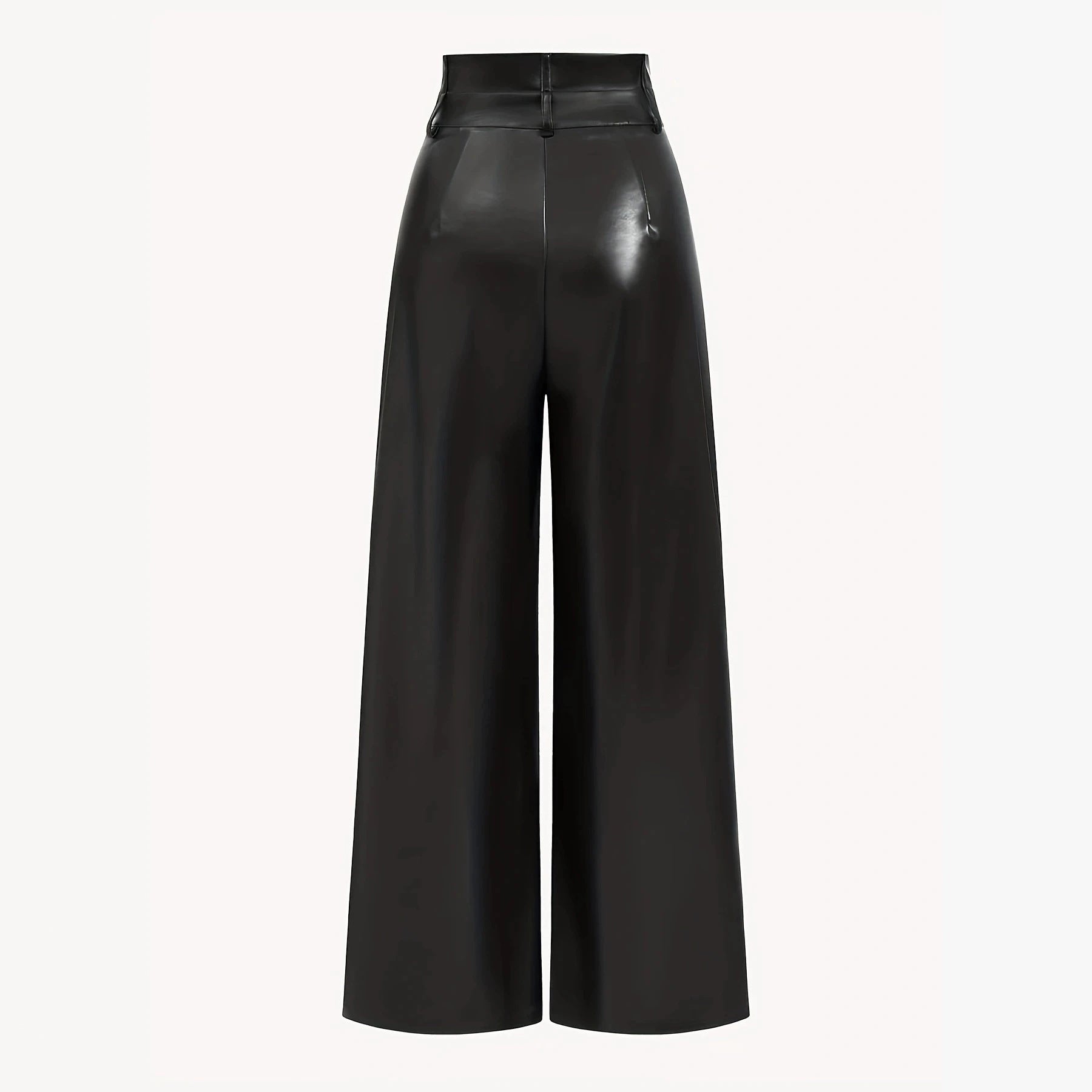 Women High-Waisted Wide-Leg Faux Leather Trousers with Decorative Buttons Chichicherry
