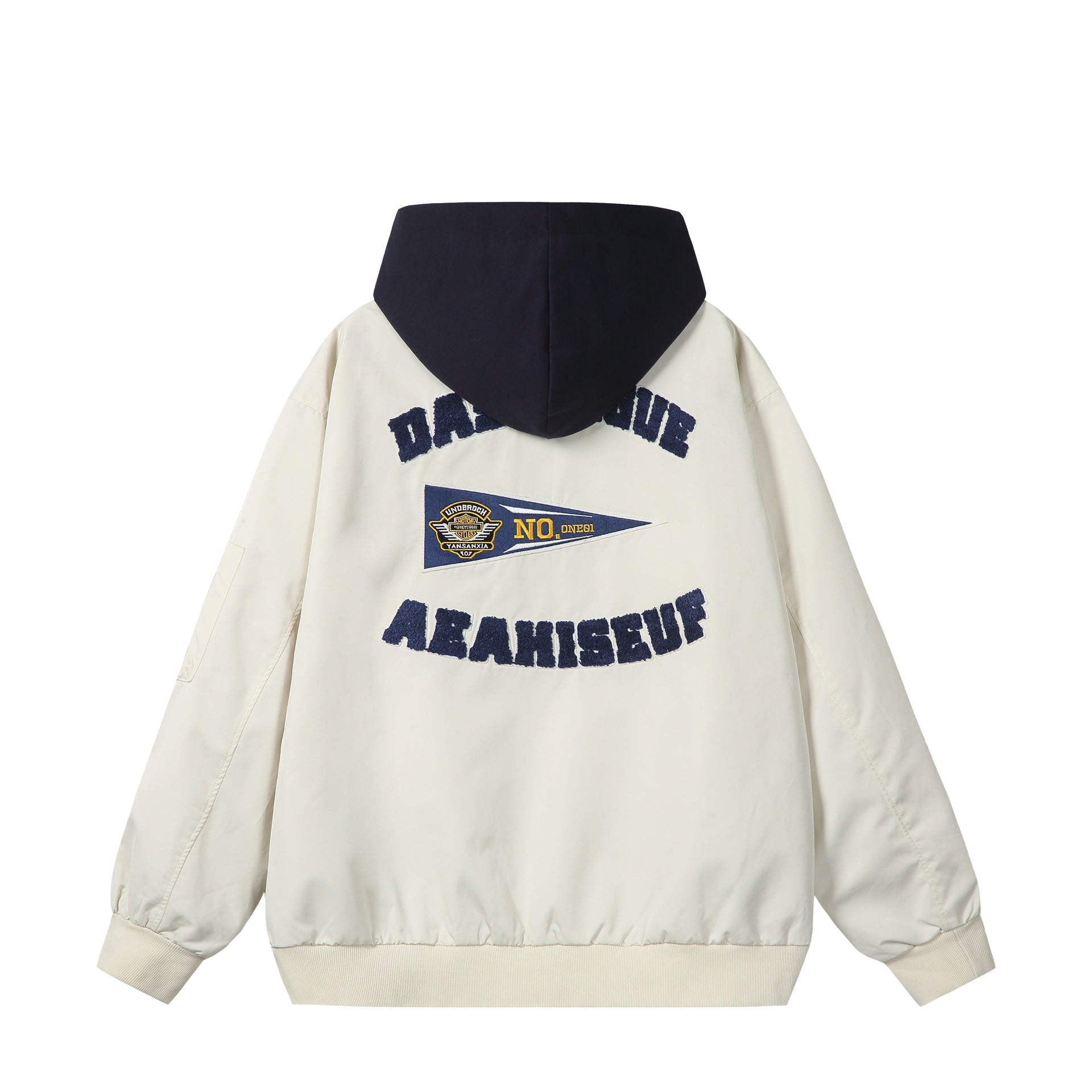 Unisex Boxy-Multi-layer Bomber Jacket with Integrated Hood and Collegiate Patch Chichicherry