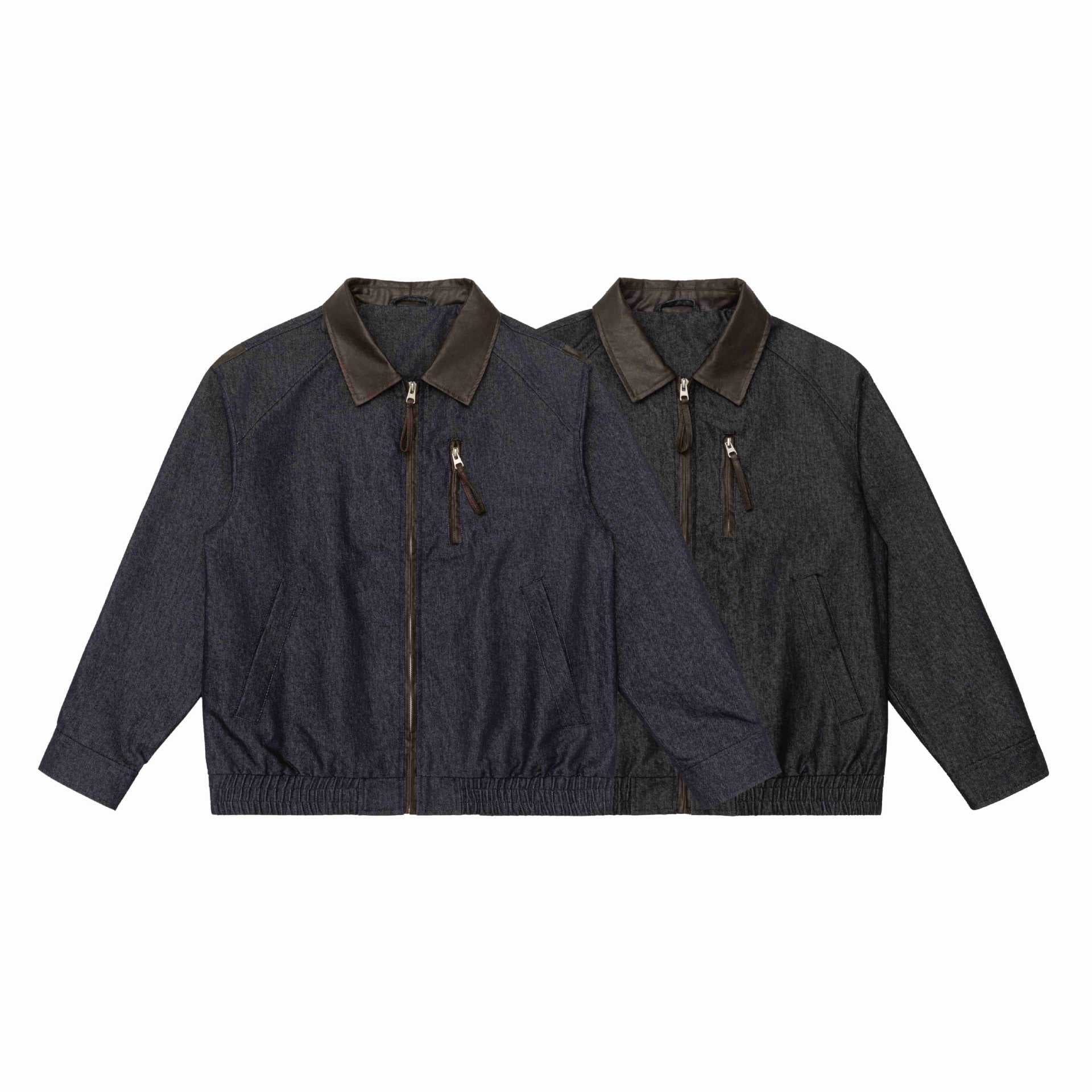 Men's short jacket in boxy cut made of wool-denim mix with leather-trimmed collar and vertical zippered chest pocket Chichicherry