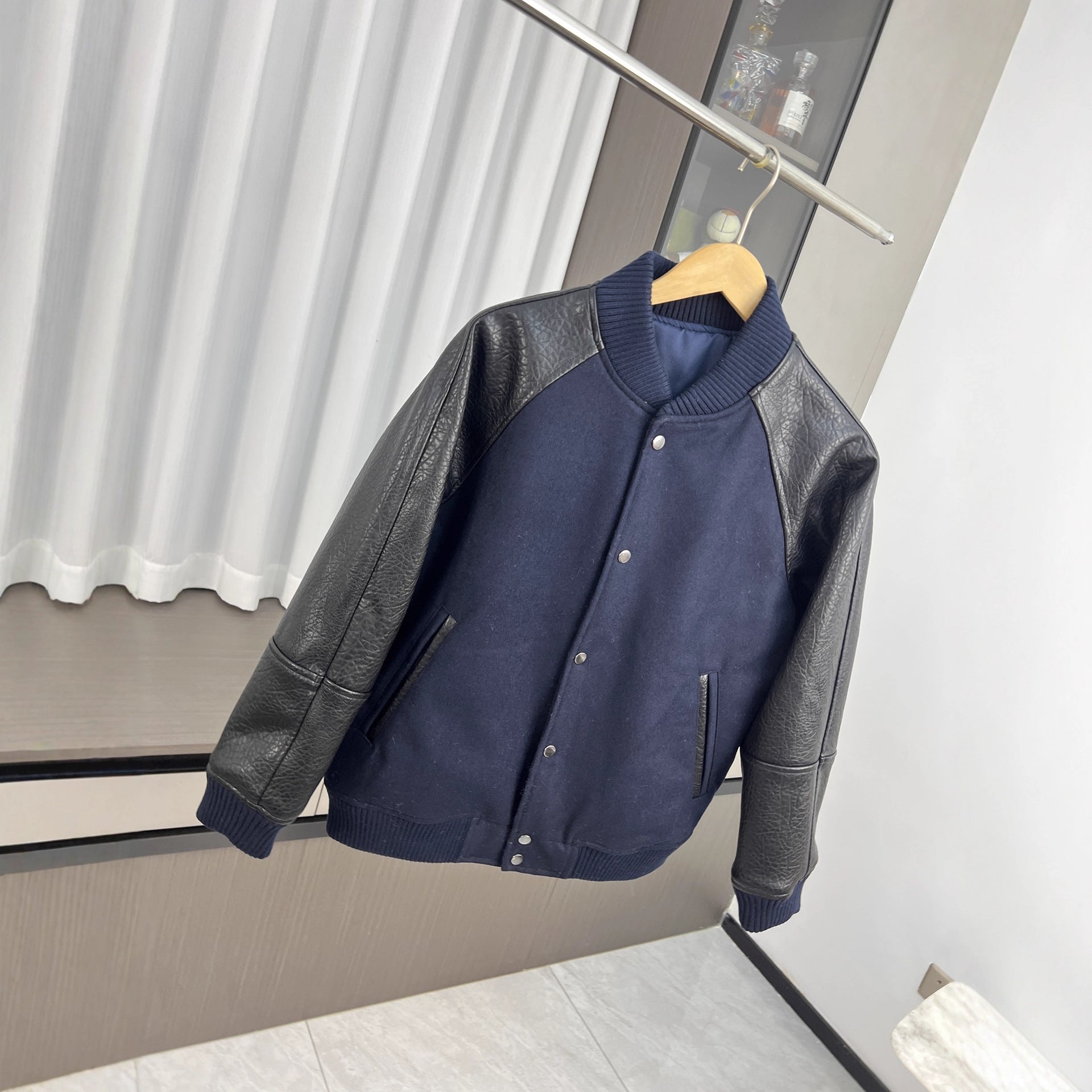 Men's College Bomber Jacket with Wool Blend Body and Structured Leather Look Sleeves Chichicherry