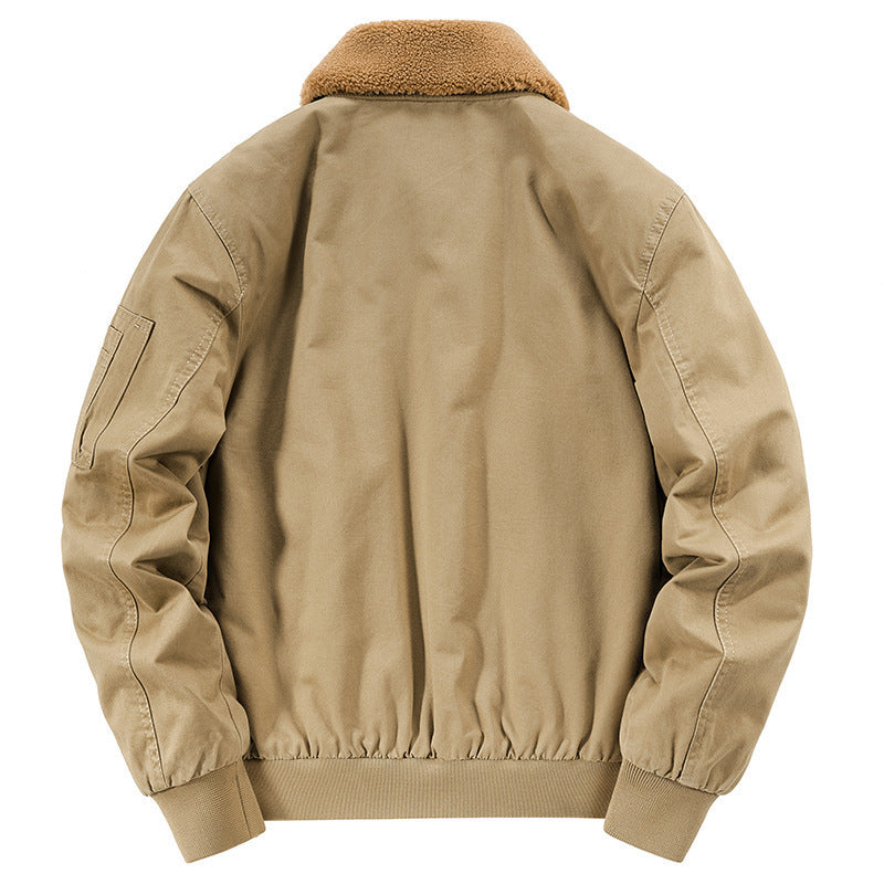 Men's retro pilot jacket in field style with faux fur collar, diamond-quilted lining, and multifunction pockets.