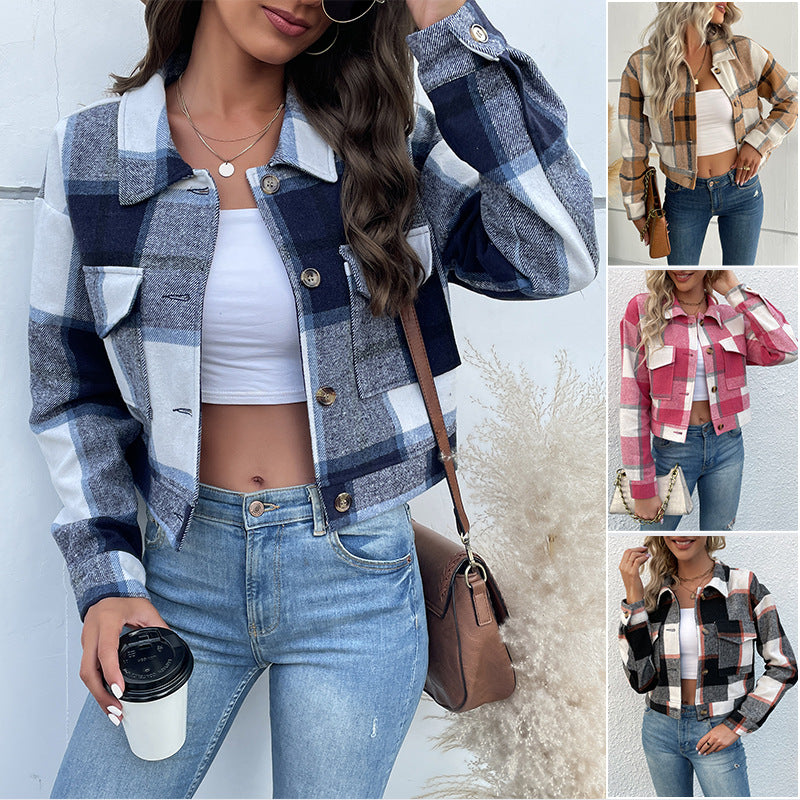 Women's short-cut checkered overshirt jacket with breast flaps and wooden buttons Chichicherry