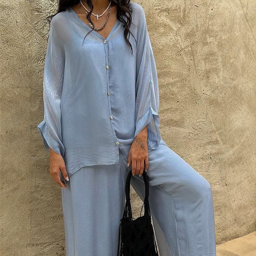Women's Three-Piece Loungewear Set made of light viscose with oversized blouse, top and wide palazzo pants Chichicherry