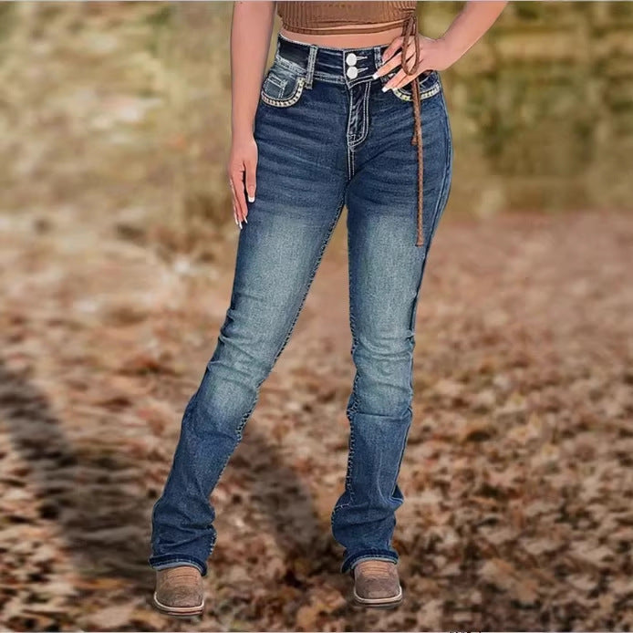 Women High-Waisted Slim-Straight Jeans with V-Shaped Waist and Superstretch Denim Chichicherry