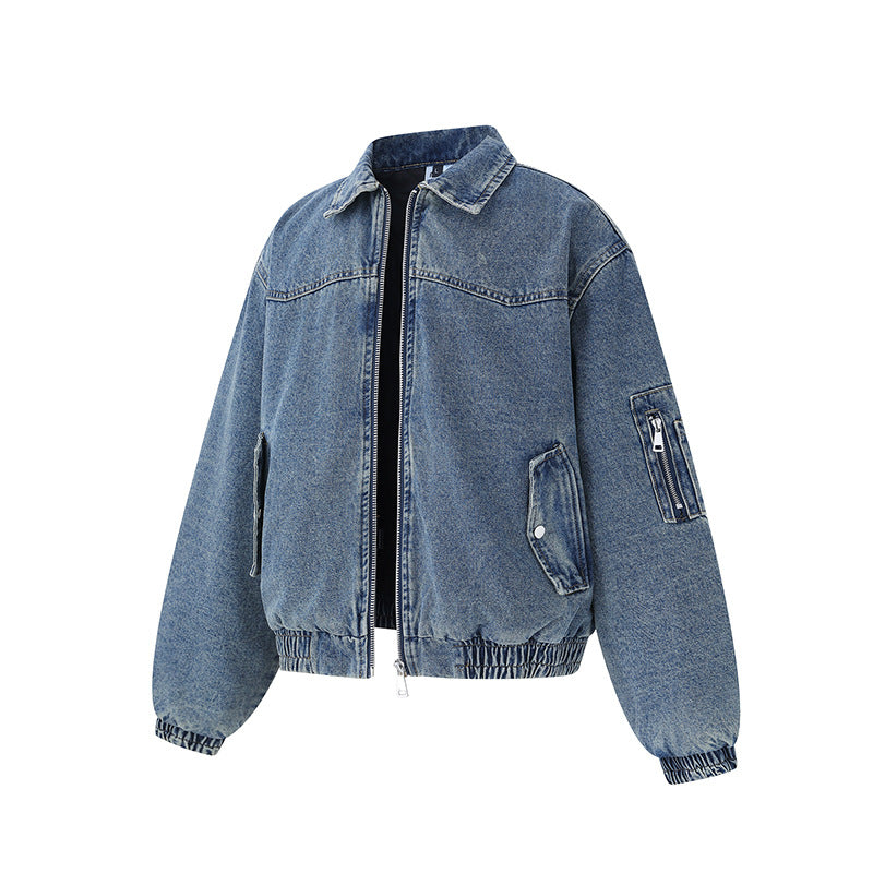 Unisex Boxy Denim Jacket with Full Zip, Elastic Hem and Sleeve Utility Pocket Chichicherry