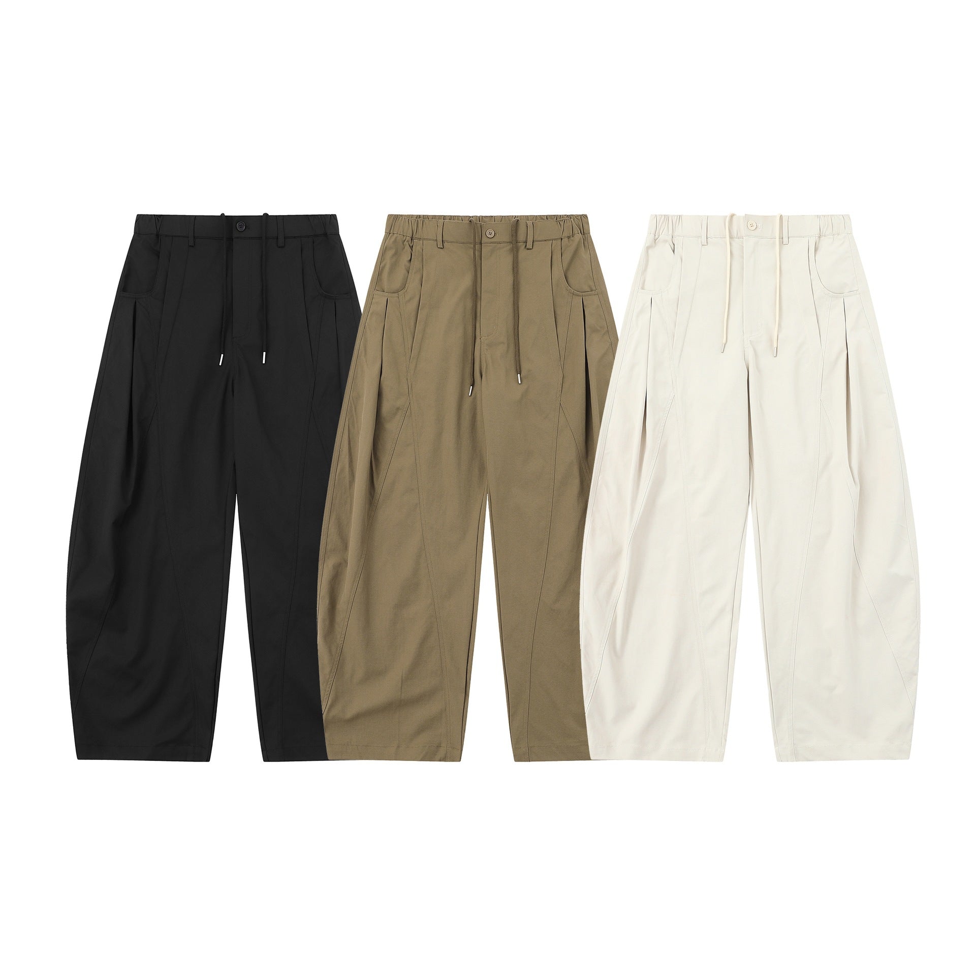 Ladies High-Waist Cropped Cargo Pants with stitched panels and drawstring belt