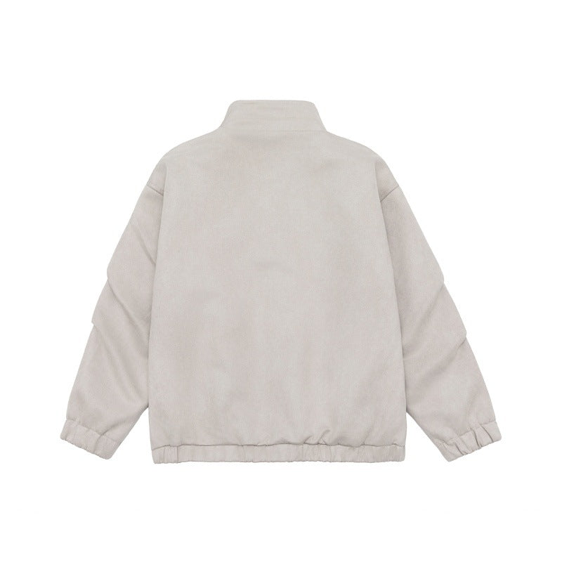 Unisex Short-Cut Stand-Up Collar Fleece Jacket with Concealed Snap Button Placket Chichicherry