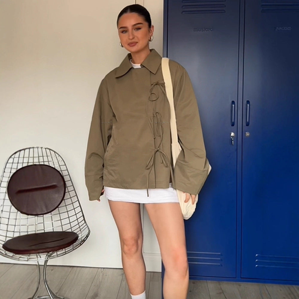 Women's Oversized Shirt Jacket with Decorative Knot Closures and Shirt Collar Chichicherry